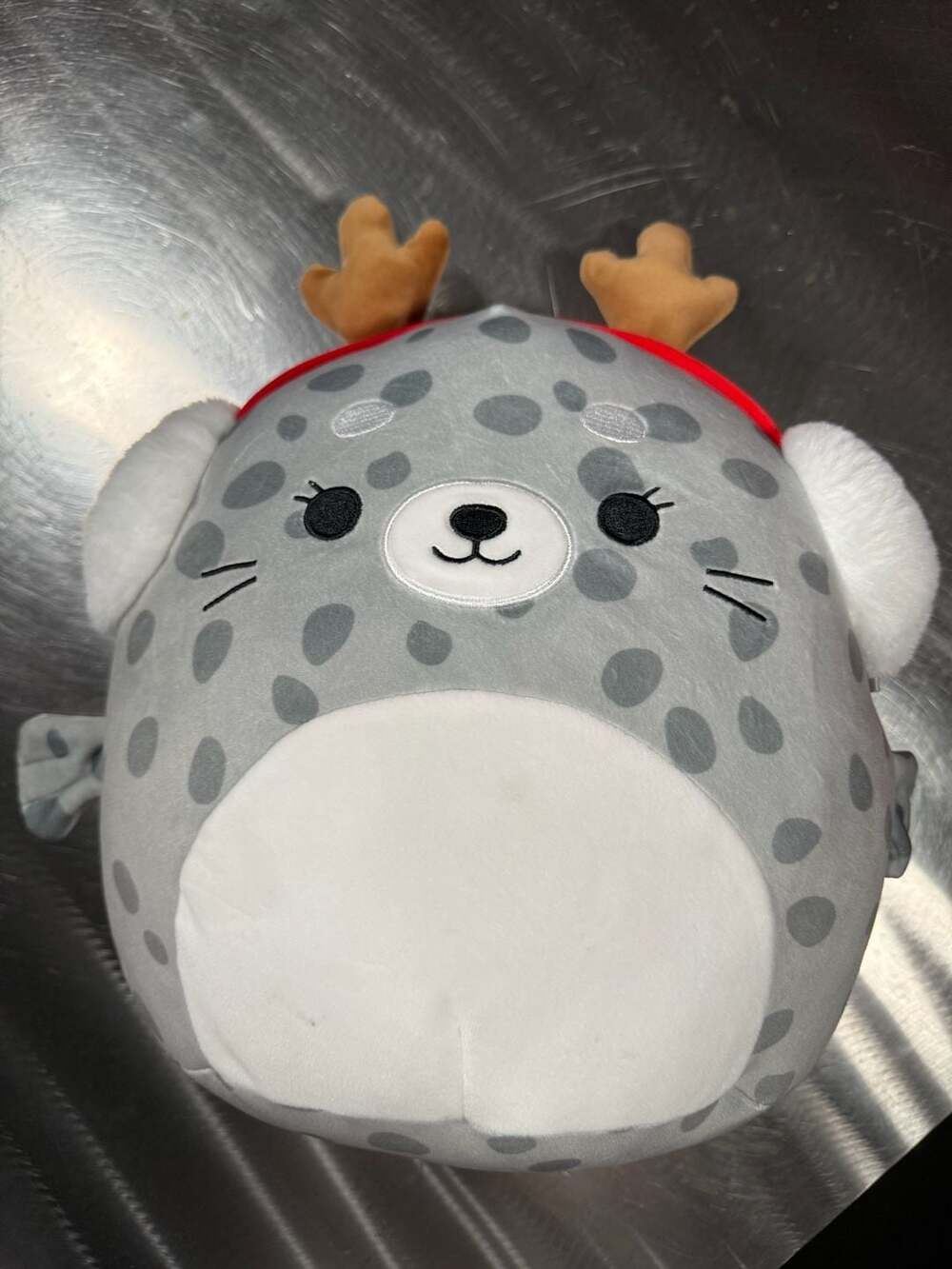 Squishmallows Odile the Grey Spotted Seal Christmas Plush with Reindeer Antlers